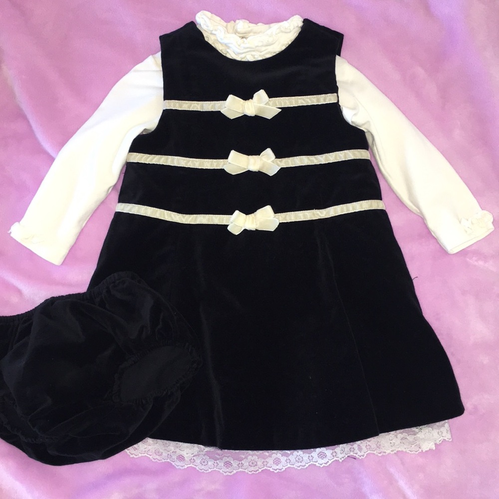 Black velvet dress with ivory shirt and accents